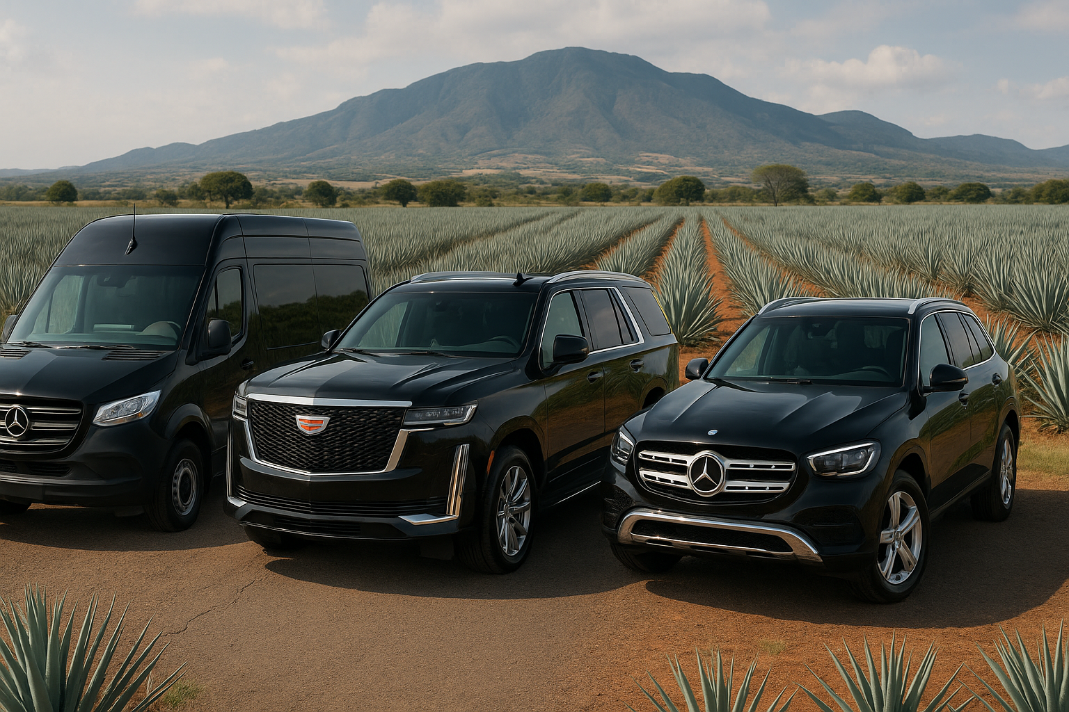 TQM Tours - 13 Luxury fleet in agave fields for airport transfers and group transport