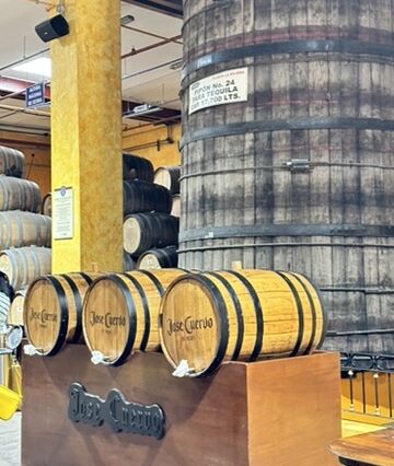 Rows of tequila barrels aging in the barrel room at La Rojeña Distillery, part of the Jose Cuervo Express Premium Plus in Tequila, Mexico.