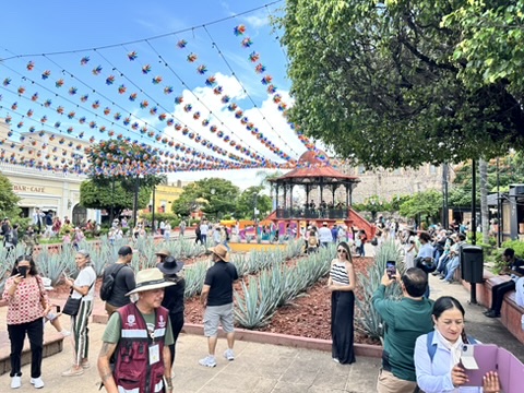 Colorful papel picado banners in the courtyard at the Jose Cuervo Express Premium Plus in Tequila, Mexico.