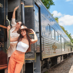 Couple enjoying the José Cuervo Express Train Tour – boarding the train in Tequila, Jalisco