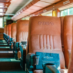 Interior of the Jose Cuervo Express Train showing comfortable leather seating and wood-paneled design