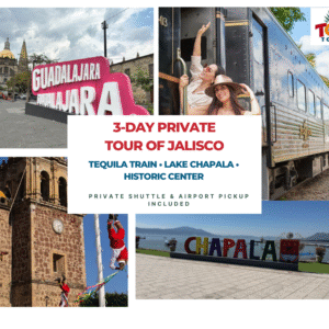 Promotional image for TQM Tours' 3-day Guadalajara tequila tour package featuring José Cuervo Express and Lake Chapala