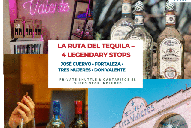 Promotional image for 3-day Tequila Distillery Tour in Jalisco featuring José Cuervo, Fortaleza, Don Valente, and Tres Mujeres with private shuttle included