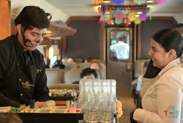 Bartender preparing drinks inside the Jose Cuervo Express Train