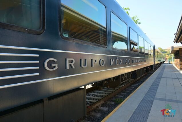 Close-up of the Grupo México Transportes Tequila Express train parked at the station.