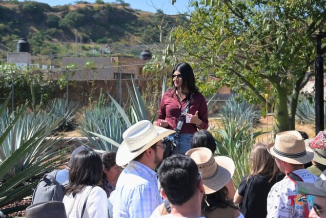 Tour guide speaking to a group inside the agave fields during the Tequila Express Train experience.
