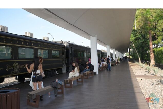 Passengers waiting on the platform beside the Jose Cuervo Express Train