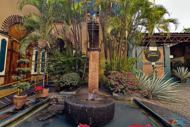 Orendain Tequila Distillery Tour featuring the courtyard fountain at the Orendain distillery in Jalisco
