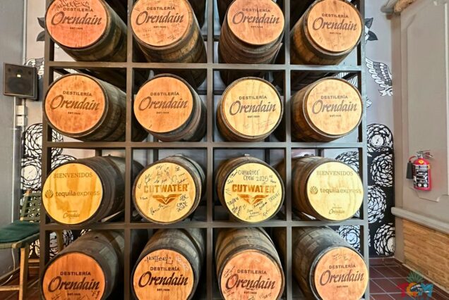 Orendain Tequila Distillery Tour featuring branded aging barrels inside the Orendain distillery in Jalisco